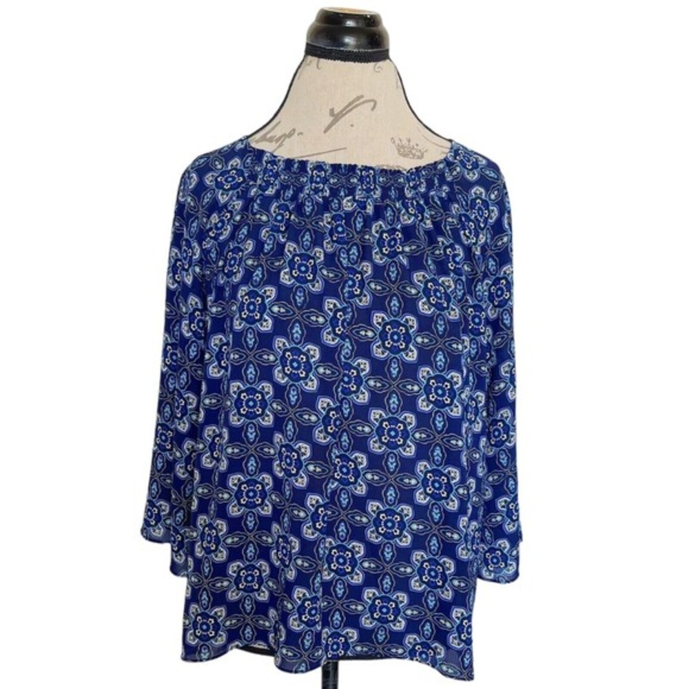 Dana Buchman Womens Print Blouse Blue Sz Medium Elasticized Neckline 3/4 Sleeves